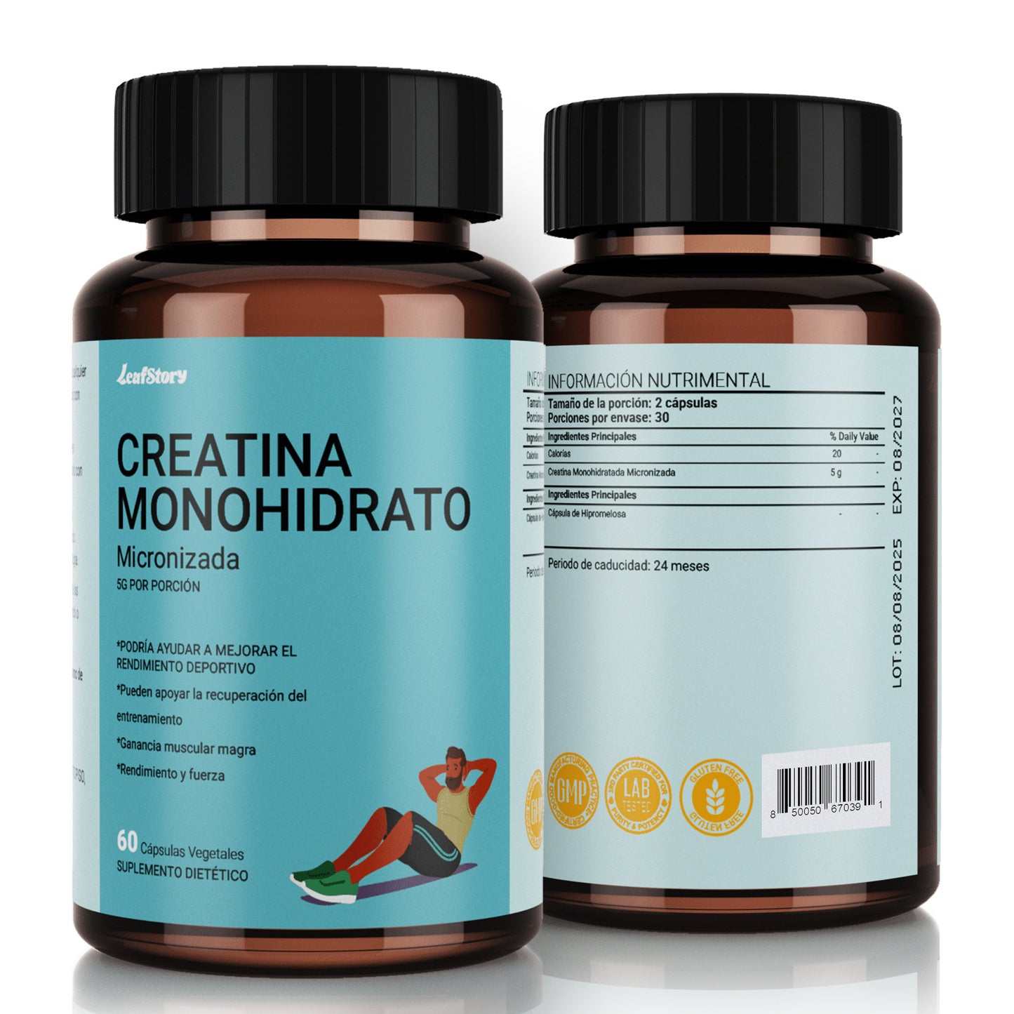 LeafStory Creatine Monohydrate Capsules: May support post-workout recovery, lean muscle mass gains, performance, and strength. Vegan certified. 5g per serving. 60 servings.