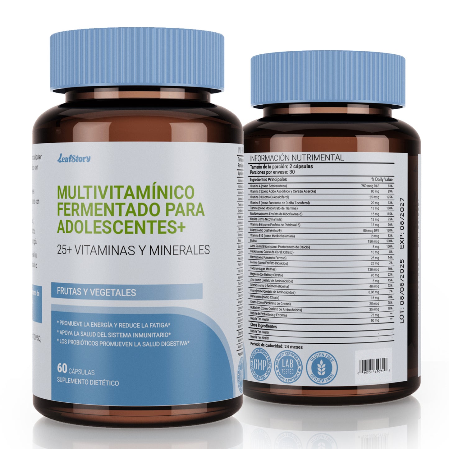 LeafStory Teen Multivitamin Supplement: Daily vitamins and minerals for teen boys and girls. Organic, whole-food formula with omega-3s and vitamins A through K. 60 capsules.