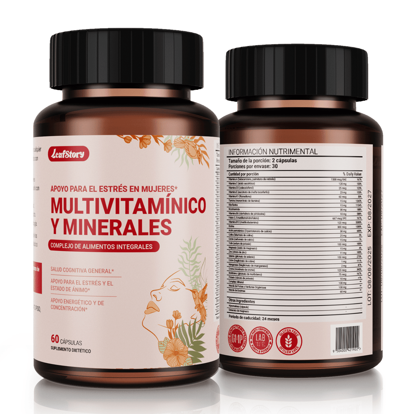 LeafStory Women's Multivitamin + Stress Support with Organic Whole Foods & Natural Minerals - B Complex + Vitamin C + D3 K2 for Immunity, Hair, Skin & Nails - 60 Capsules