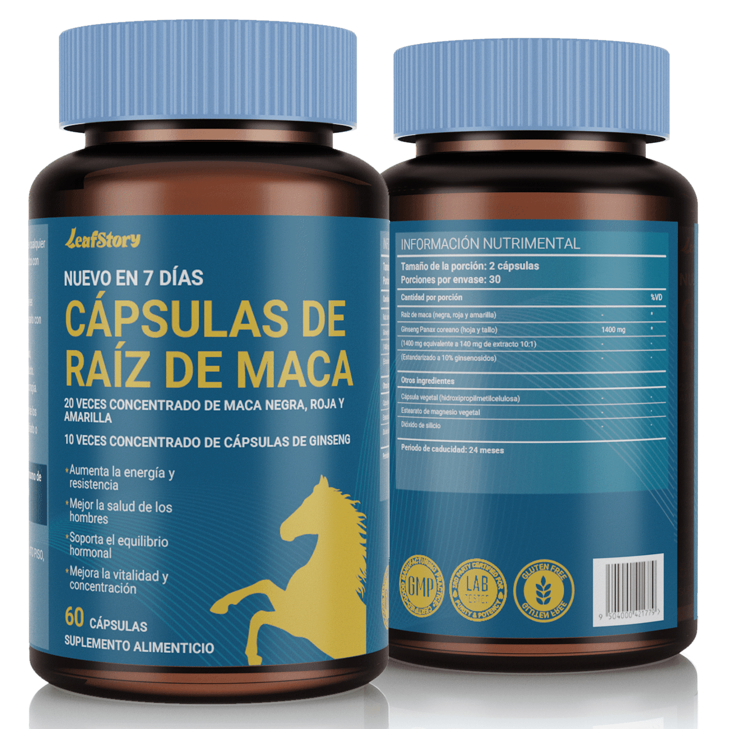 LEAFSTORY Maca Root Capsules 10,000 Mg + Korean Panax Ginseng 1400 Mg - 10x Concentrated Black, Red & Yellow Maca Root Extract, 10x Concentrated Panax Ginseng Extract - Ultra Potent & Highly Purified.