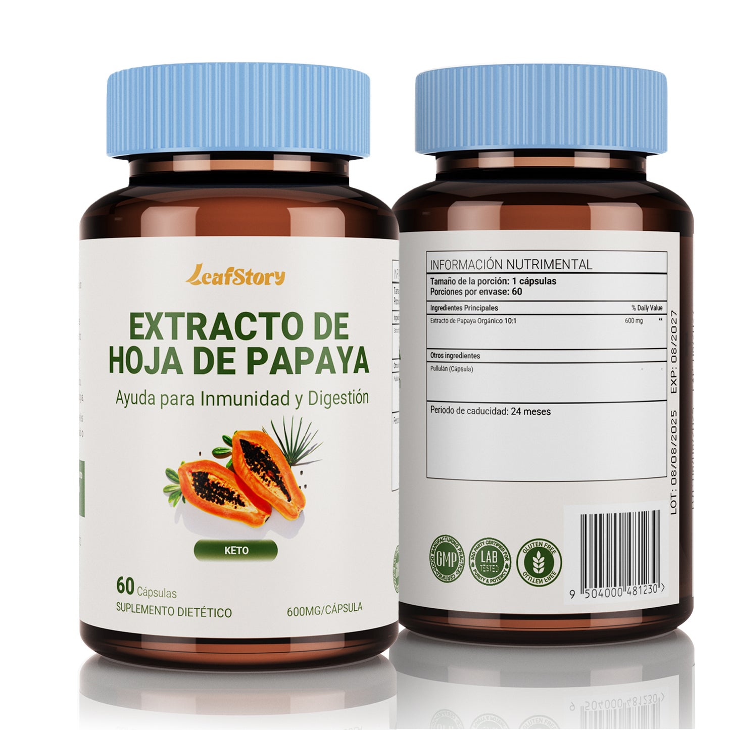 Leafstory Digestive Enzymes with Papaya Leaf Extract - 60/600 mg Vegetable Capsules, 10 Times More Potent - Platelet Booster, Bone & Spleen Support, Immune System & Upper Digestive Health.