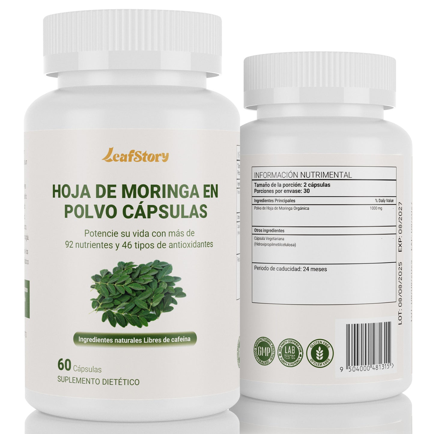 Leafstory Moringa Capsules. Single-Origin Moringa Powder. Pure Moringa Leaf. Boosts Energy, Metabolism, and Immune System. 60 500mg Capsules.