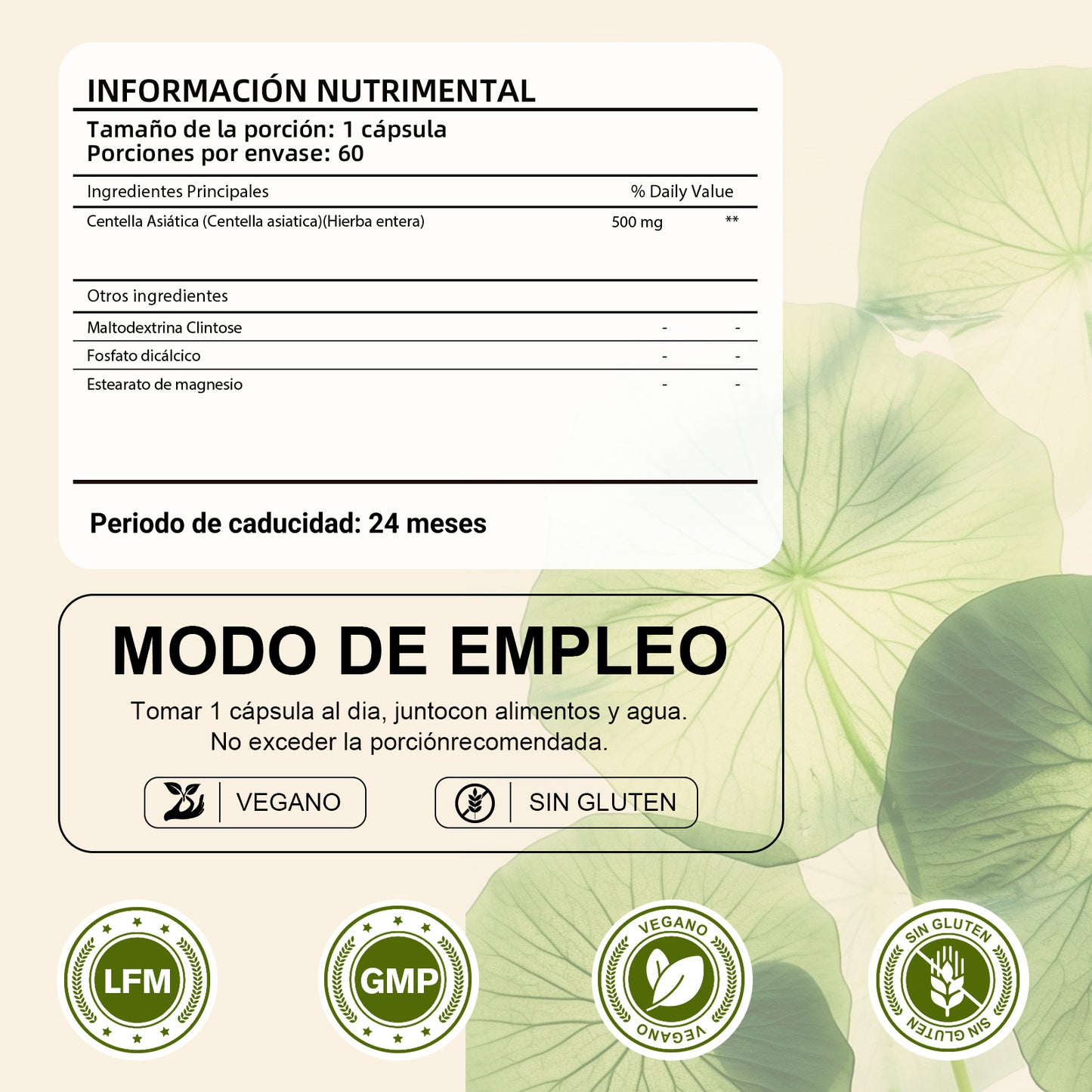 LeafStory Centella Asiatica 500 mg 60 Capsules - Moisturizing Centella Asiatica extract for skin. The extract is also beneficial for soothing mental fatigue.