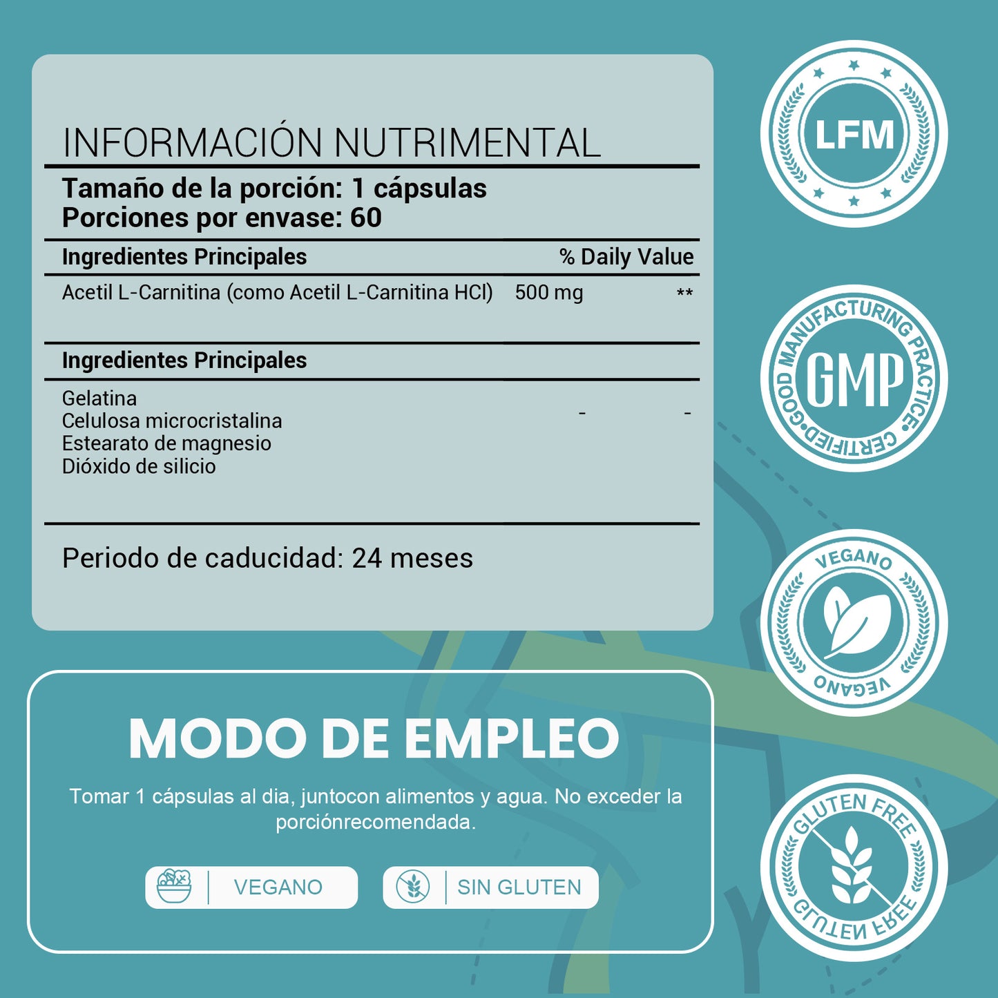 LeafStory Acetyl L-Carnitine 500 mg, High Potency Amino Acid, 60 Capsules