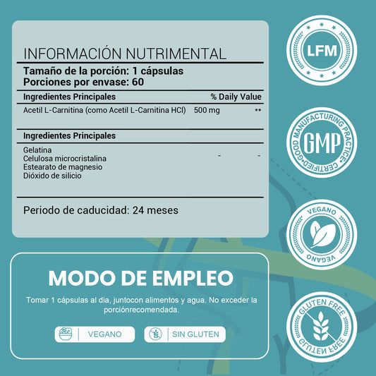 LeafStory Acetyl L-Carnitine 500 mg, High Potency Amino Acid, 60 Capsules