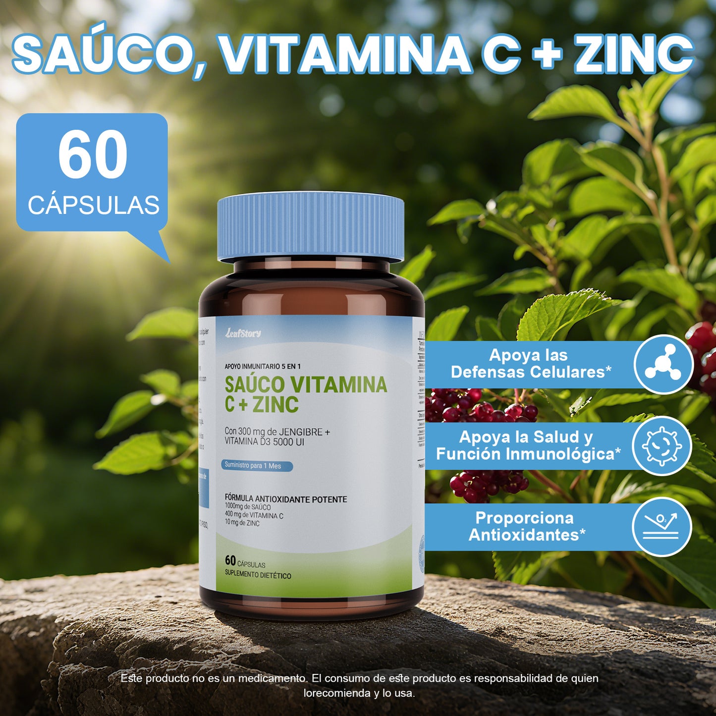 Leafstory Elderberry with Vitamin C and Zinc for Adults: 5-in-1 Black Sambucus Capsules with Vitamin D3 5000 IU, Immunity Supplement, Elderberry Sambucus for Immune Support.