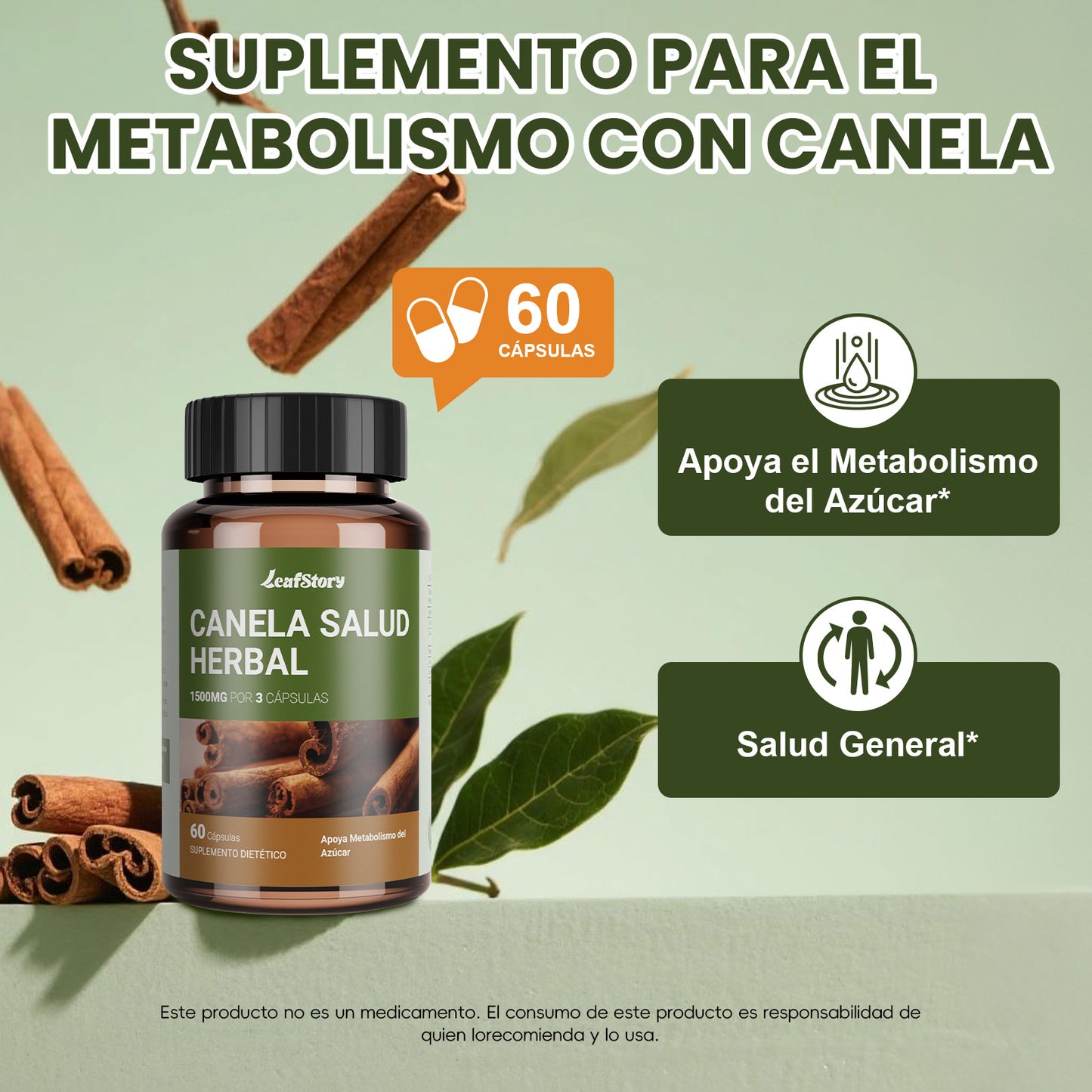 Leafstory Cinnamon Capsules, Herbal Supplement, Promotes Sugar Metabolism, 1500 mg, 60 Capsules