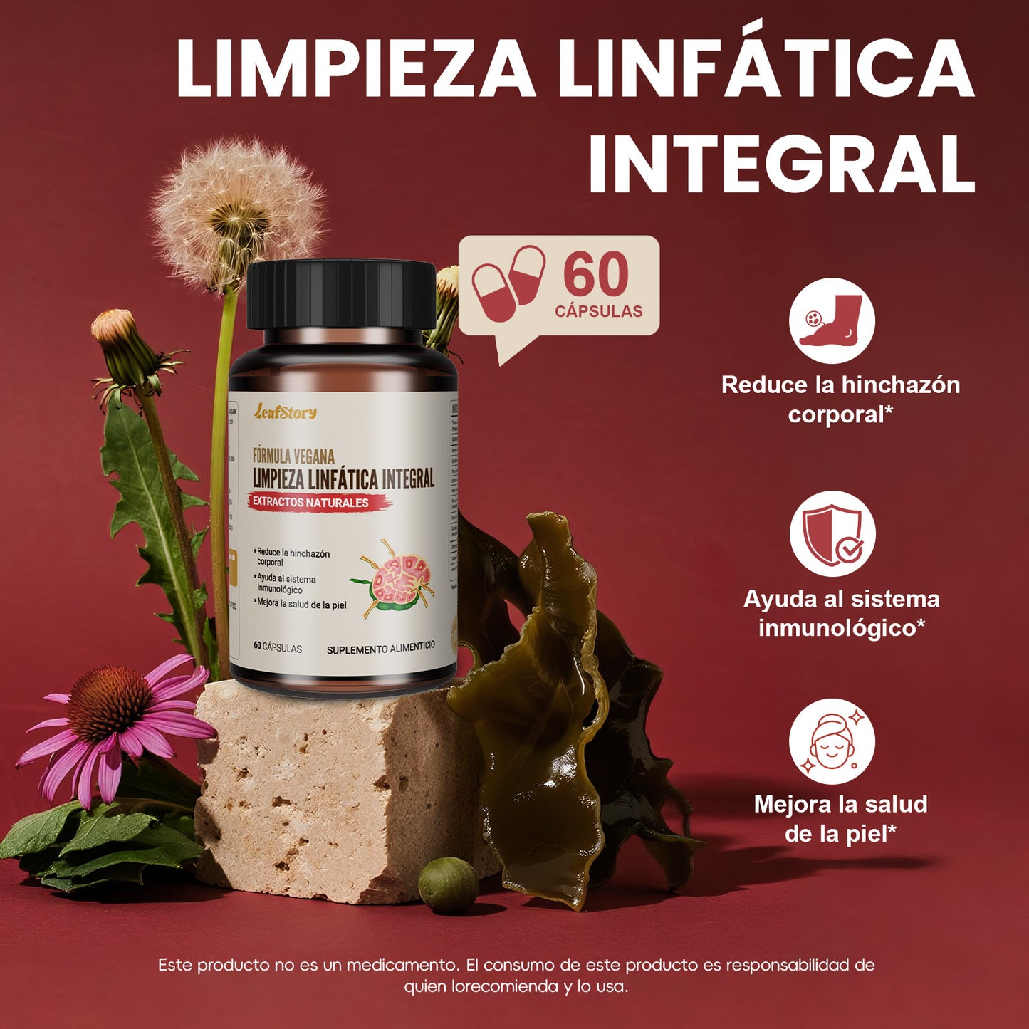 Leafstory Lymph MD - Lymphatic System Supplement with 9 Botanicals: Lettuce, Burdock, Echinacea, Lemon & More - Supplements for Men & Women - 60 Capsules