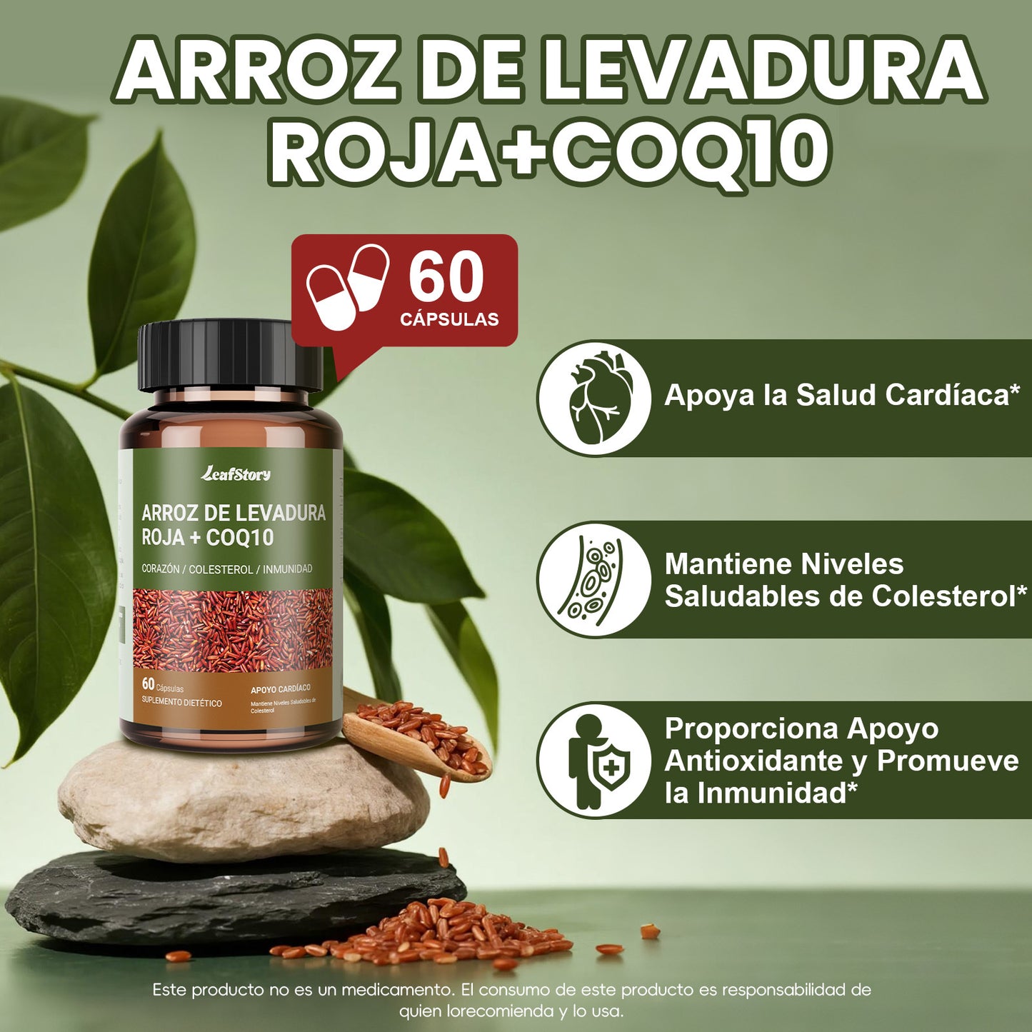 Leafstory Red Yeast Rice Supplement with CoQ10 - Advanced Formula for a Healthy Heart and Healthy Cholesterol Levels for Men and Women - Extra Strength Capsule with 1200mg of Red Yeast Rice and CoQ10 - 60 Count