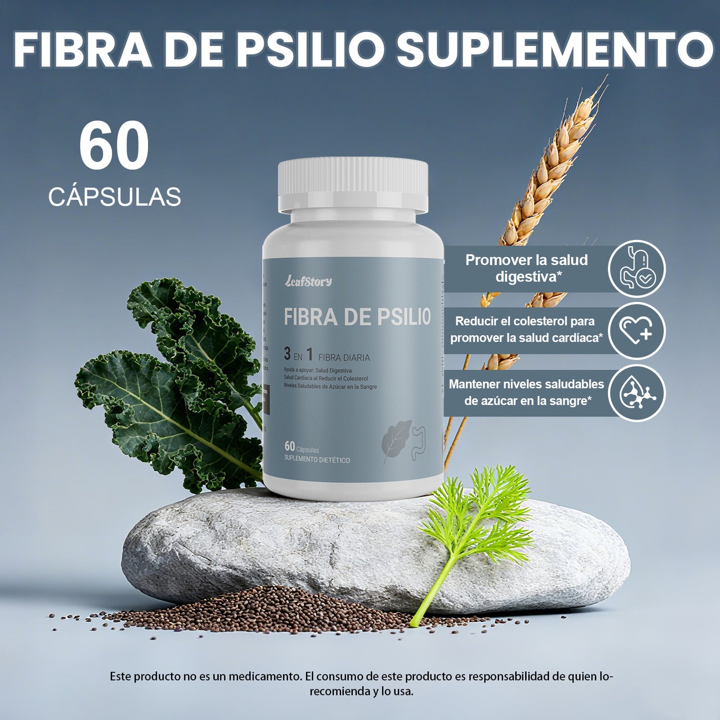 Leafstory Fiber Capsules, 3-in-1 Psyllium Husk Fiber, 300 Capsules, Daily Fiber Supplement, Helps Maintain Digestive Health, Heart Health by Lowering Cholesterol and Healthy Blood Sugar Levels.