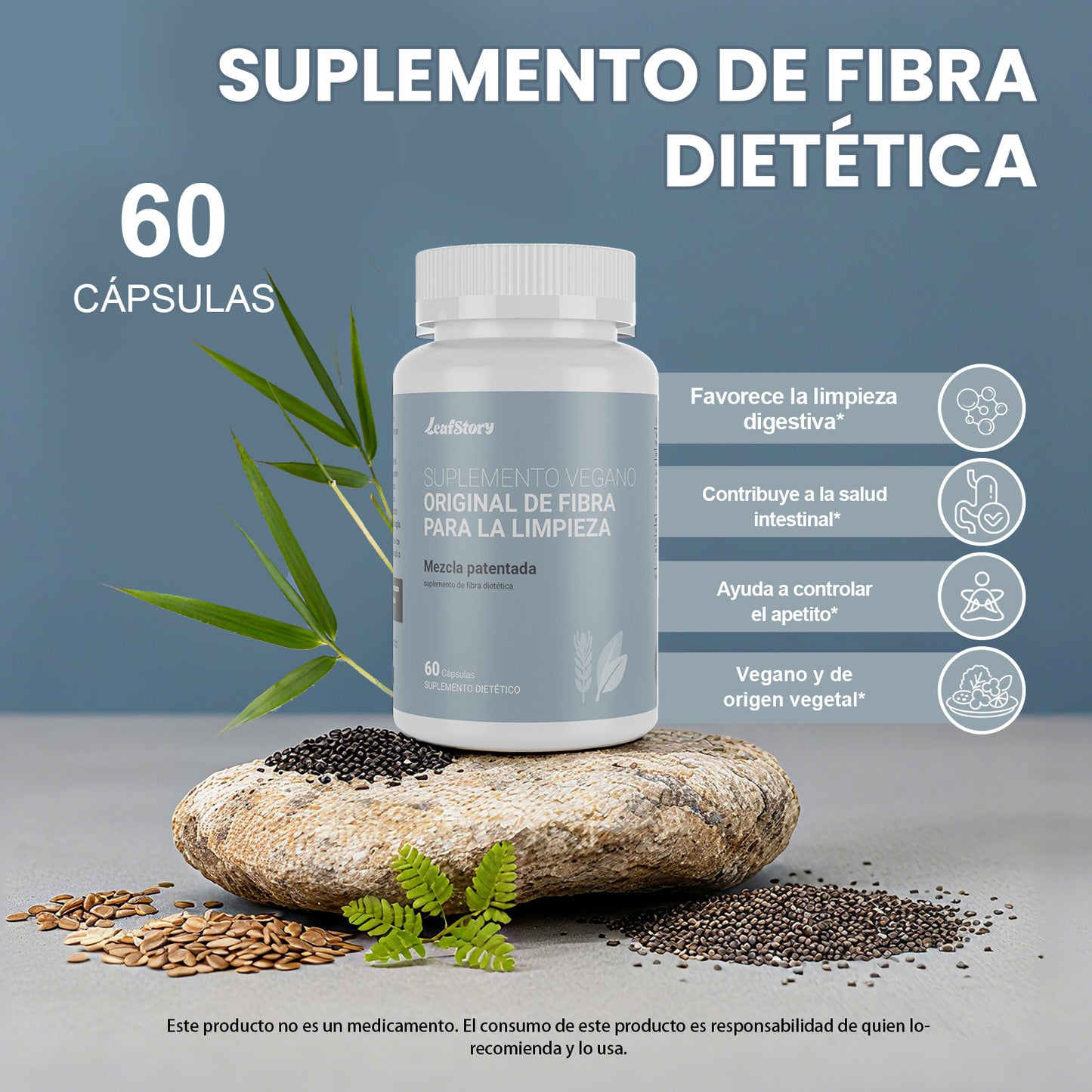 LeafStory Pure for Men - Original Vegan Fiber Supplement for Optimal Cleanse | Helps Promote Digestive Regularity | Psyllium Husk, Chia Seeds, and Flax Seeds | Patented Formula | 60 Vegan Capsules