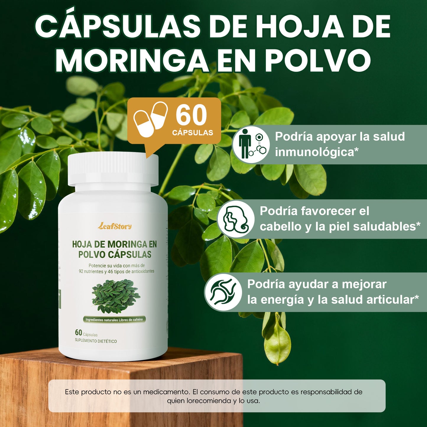 Leafstory Moringa Capsules. Single-Origin Moringa Powder. Pure Moringa Leaf. Boosts Energy, Metabolism, and Immune System. 60 500mg Capsules.