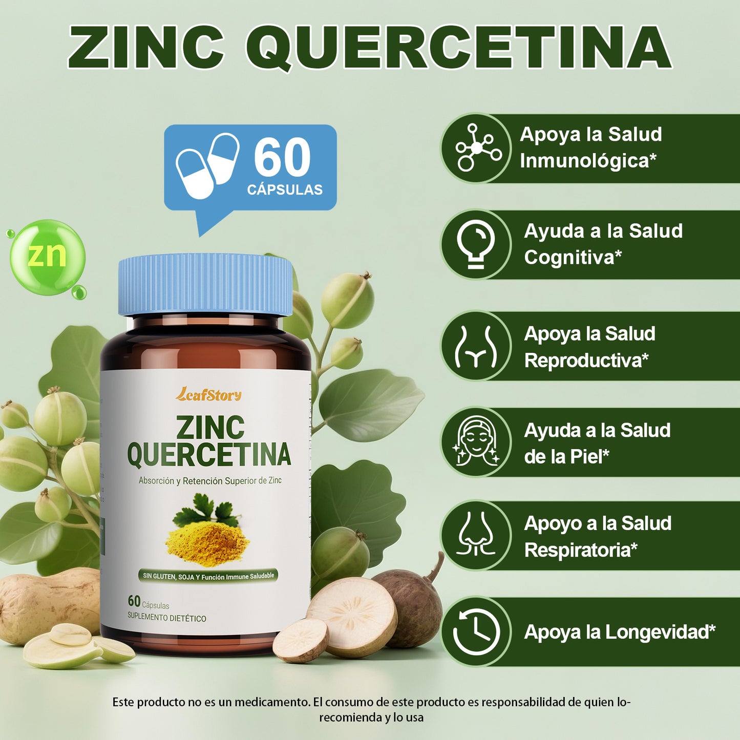 Leafstory Zinc Quercetin 60 Vegetarian Capsules (Pack of 1) | Antioxidant Immune System Support Zinc Supplement for Men and Women | Gluten, Soy, and Lactose Free