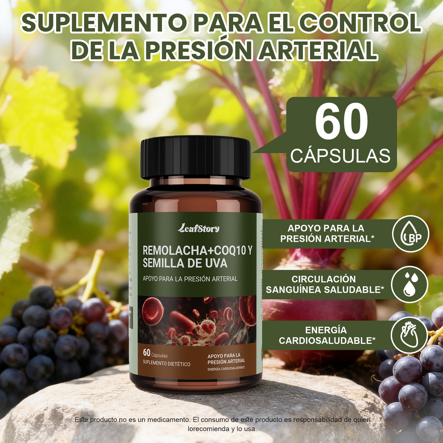 LeafStory Blood Pressure Support, 3-in-1 Beet + CoQ10 + Grape Seed Extract, Beet Root Capsules Support Healthy Blood Circulation & Healthy Heart Energy, 60 Count