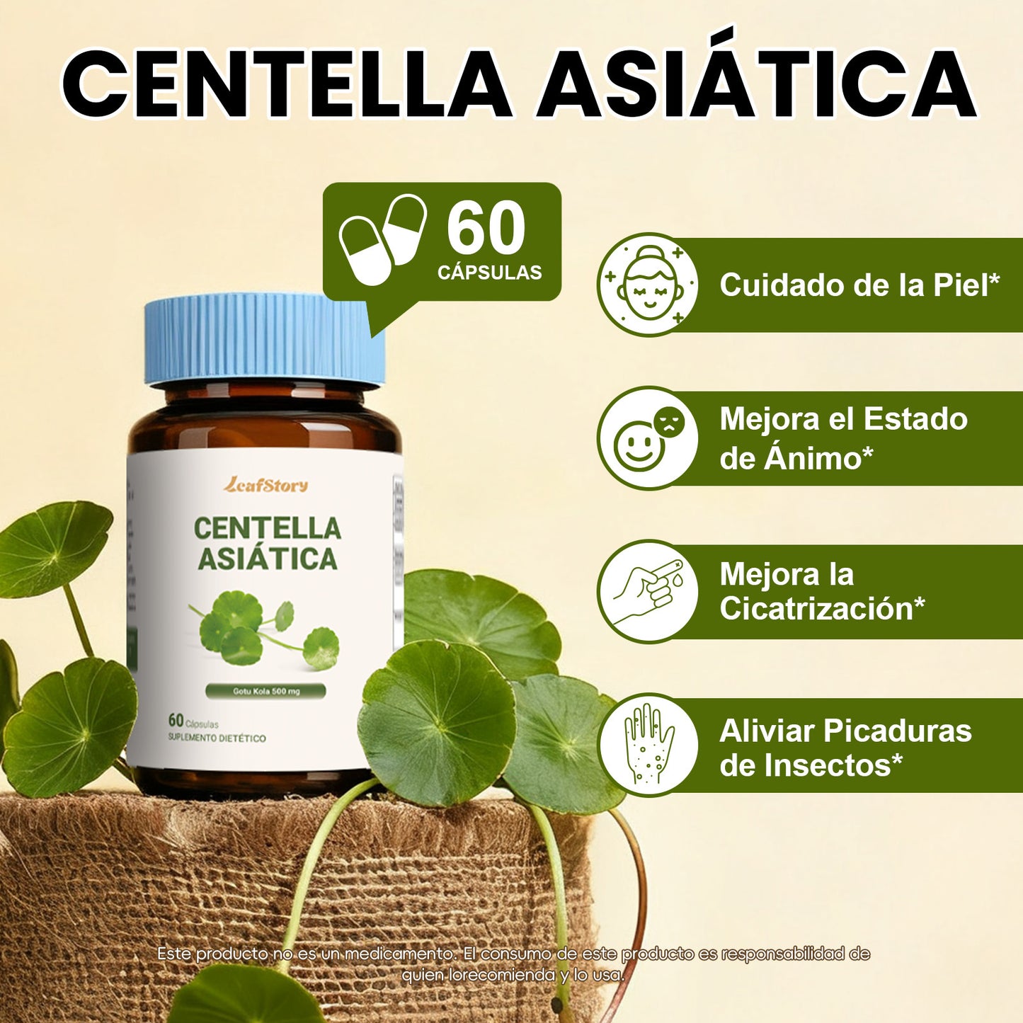 LeafStory Centella Asiatica 500 mg 60 Capsules - Moisturizing Centella Asiatica extract for skin. The extract is also beneficial for soothing mental fatigue.