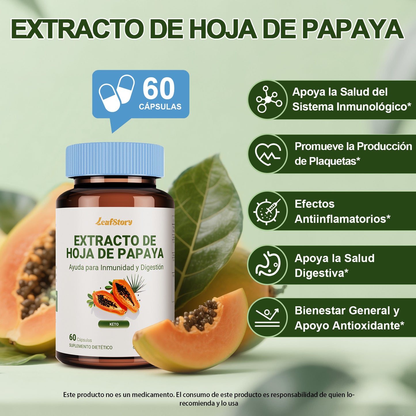 Leafstory Digestive Enzymes with Papaya Leaf Extract - 60/600 mg Vegetable Capsules, 10 Times More Potent - Platelet Booster, Bone & Spleen Support, Immune System & Upper Digestive Health.