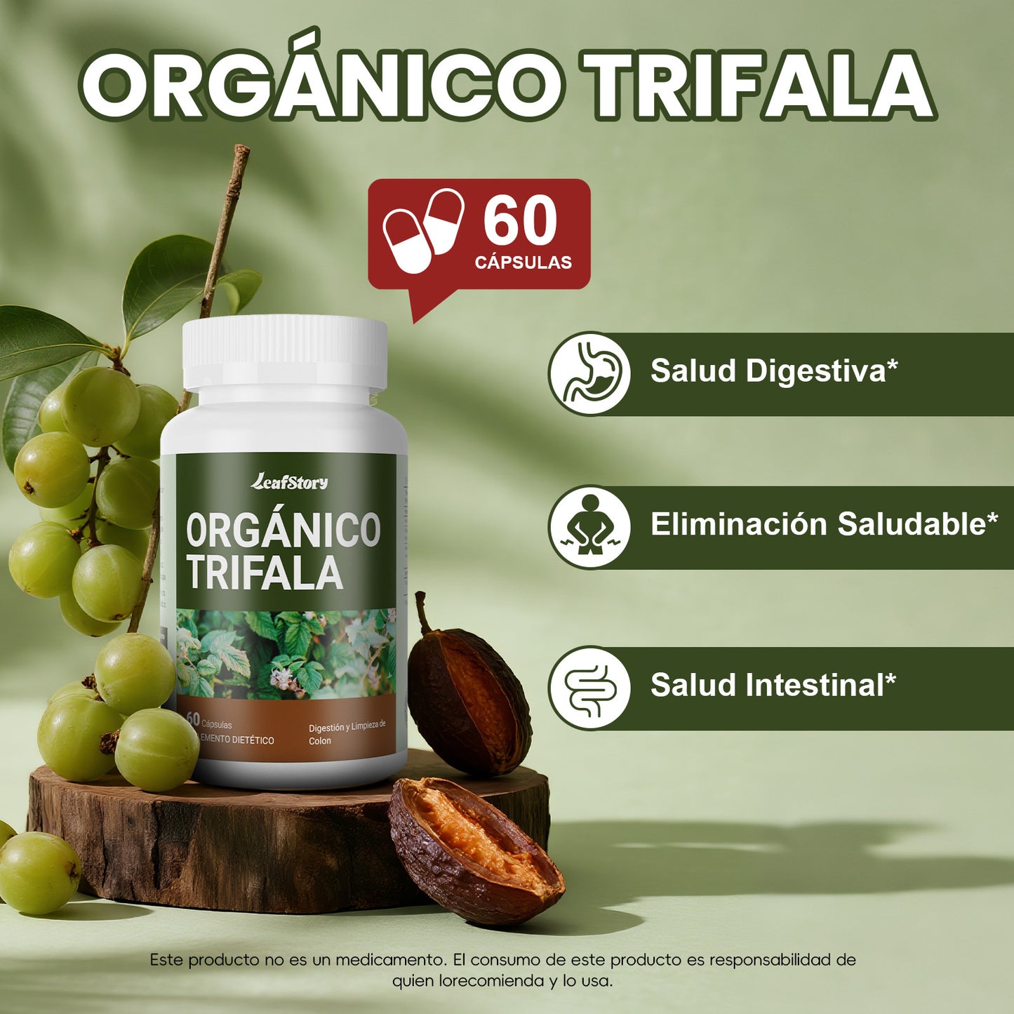 Leafstory Triphala Capsules: Herbal supplement with Amla, Bibhitaki, and Haritaki. Supports digestion, colon health, and the immune system. Adaptogen. Vegan. 60 capsules.