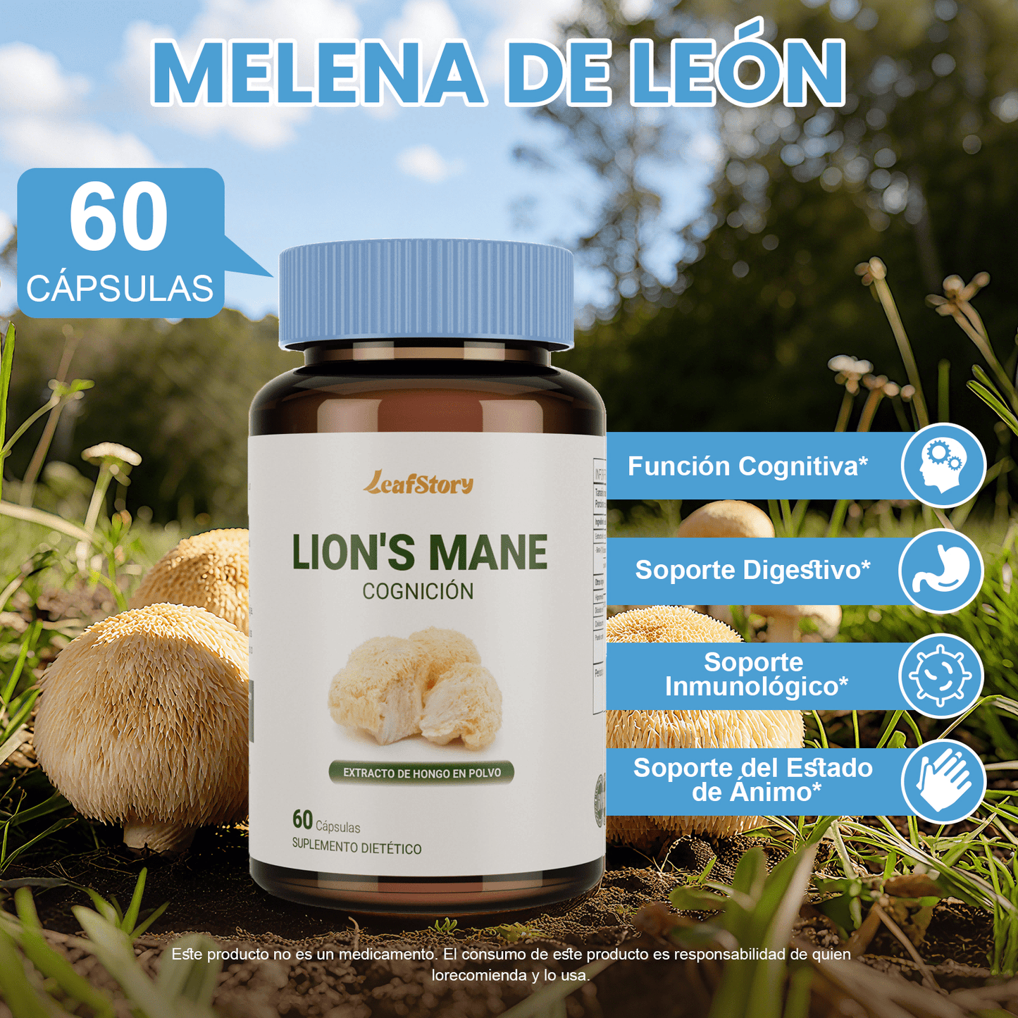 LeafStory Lion's Mane Mushroom for Cognition (60 Capsules) Lion's Mane Mushroom Extract Capsules Powder | Brain Supplement, Brain Vitamins, Focus Supplement