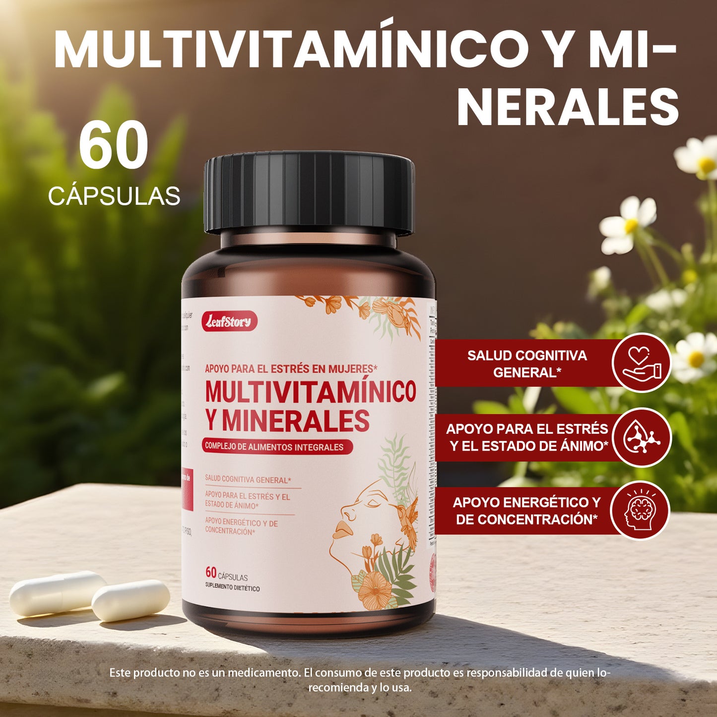 LeafStory Women's Multivitamin + Stress Support with Organic Whole Foods & Natural Minerals - B Complex + Vitamin C + D3 K2 for Immunity, Hair, Skin & Nails - 60 Capsules