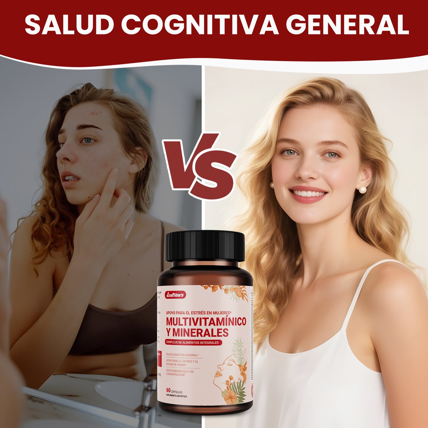 LeafStory Women's Multivitamin + Stress Support with Organic Whole Foods & Natural Minerals - B Complex + Vitamin C + D3 K2 for Immunity, Hair, Skin & Nails - 60 Capsules