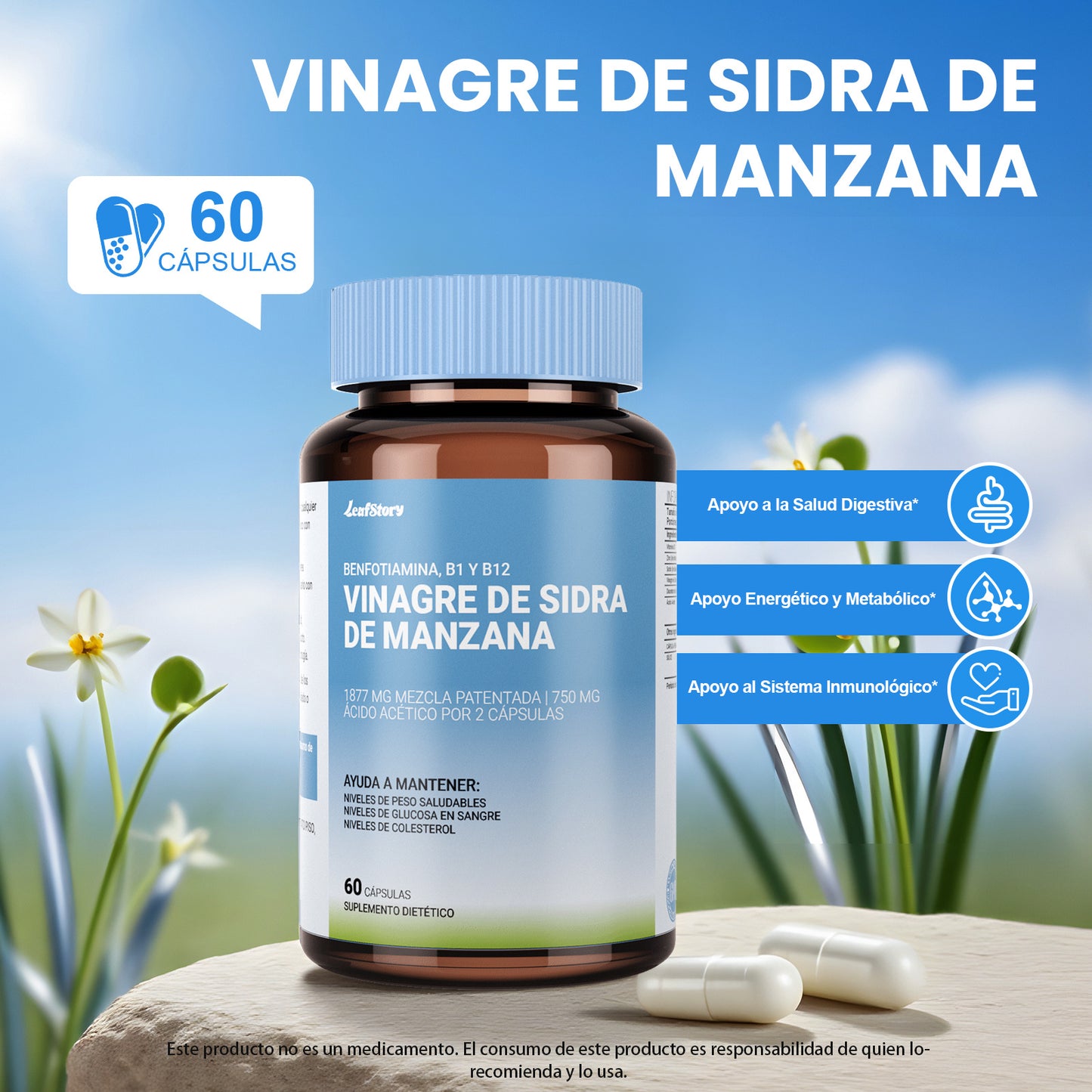 Leafstory Apple Cider Vinegar Capsules with Vitamin D and Zinc - 60 Capsules - Boosts the Immune System