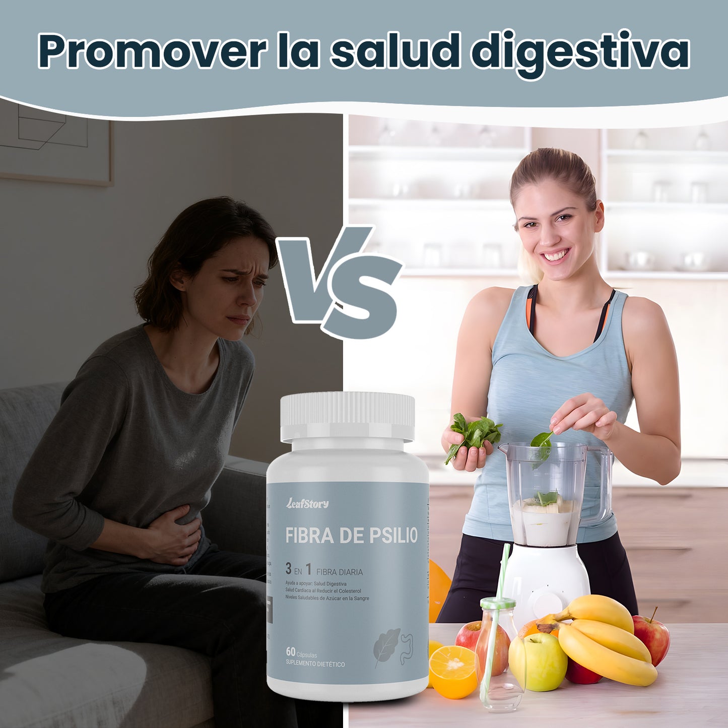 Leafstory Fiber Capsules, 3-in-1 Psyllium Husk Fiber, 300 Capsules, Daily Fiber Supplement, Helps Maintain Digestive Health, Heart Health by Lowering Cholesterol and Healthy Blood Sugar Levels.