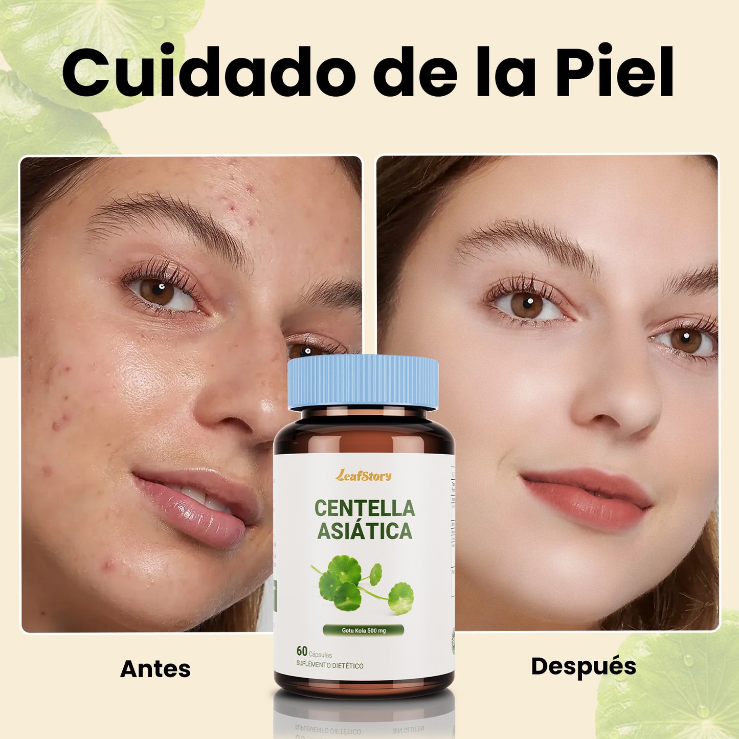 LeafStory Centella Asiatica 500 mg 60 Capsules - Moisturizing Centella Asiatica extract for skin. The extract is also beneficial for soothing mental fatigue.