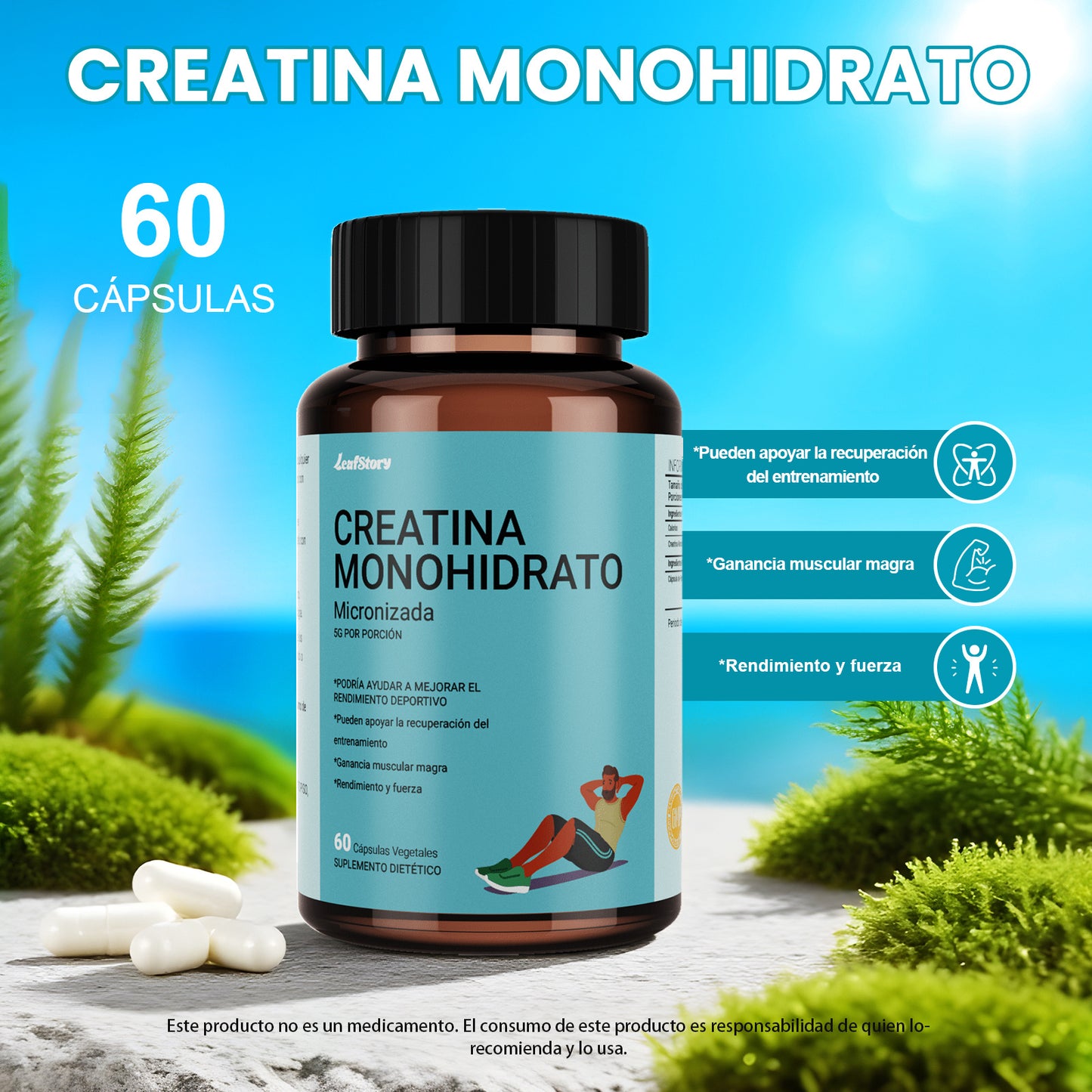 LeafStory Creatine Monohydrate Capsules: May support post-workout recovery, lean muscle mass gains, performance, and strength. Vegan certified. 5g per serving. 60 servings.