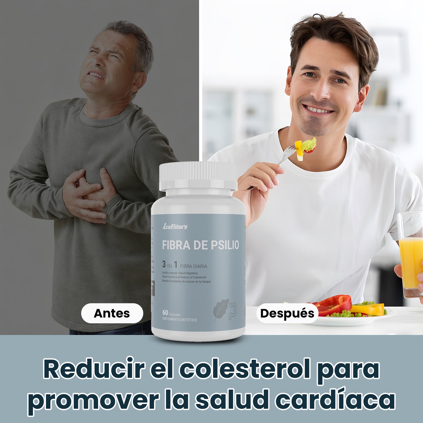 Leafstory Fiber Capsules, 3-in-1 Psyllium Husk Fiber, 300 Capsules, Daily Fiber Supplement, Helps Maintain Digestive Health, Heart Health by Lowering Cholesterol and Healthy Blood Sugar Levels.