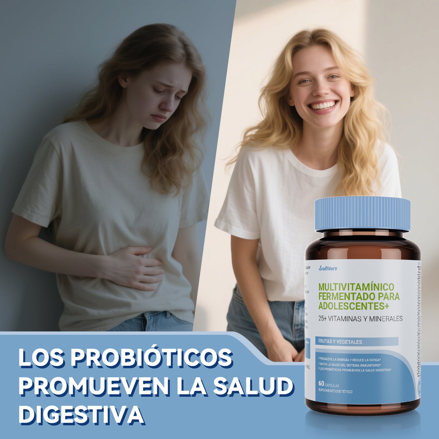 LeafStory Teen Multivitamin Supplement: Daily vitamins and minerals for teen boys and girls. Organic, whole-food formula with omega-3s and vitamins A through K. 60 capsules.